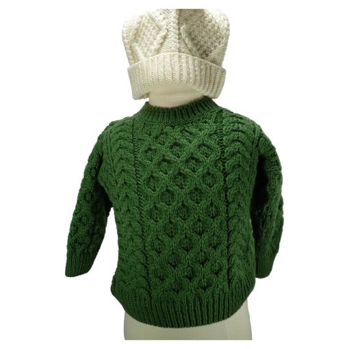 Kids Irish Aran Merino Wool Sweater, Green - Image 2