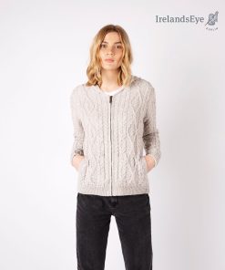 Ash Aran Zipped Hooded Sweater by Irelands Eye, Silver Marl