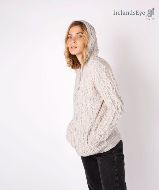 Ash Aran Zipped Hooded Sweater by Irelands Eye, Silver Marl - Image 3