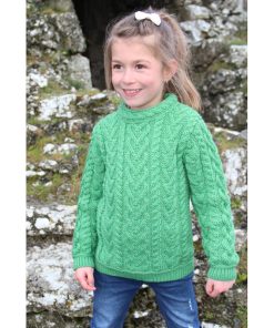 Aran Crafts Merino Wool Heart Design Irish Kids Sweater, Green