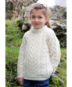 Aran Crafts Merino Wool Heart Design Irish Kids Sweater, Natural