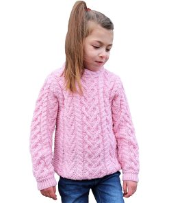 Aran Crafts Merino Wool Heart Design Irish Kids Sweater, Pink