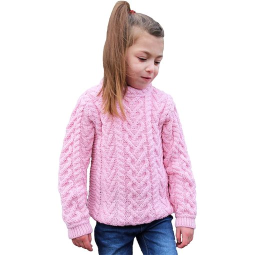 Aran Crafts Merino Wool Heart Design Irish Kids Sweater, Pink