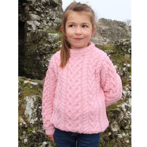 Aran Crafts Merino Wool Heart Design Irish Kids Sweater, Pink - Image 2