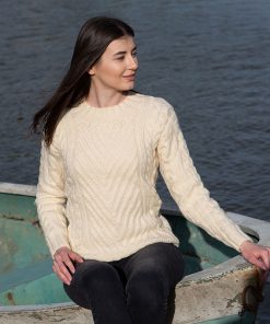 Ladies Aran Ribbed Cable Sweater, Natural