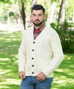 Mens V Neck Cable Cardigan, Natural