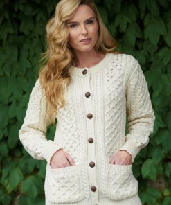 Aran Crafts Traditional Ladies Aran Cardigan Irish Sweater, Natural