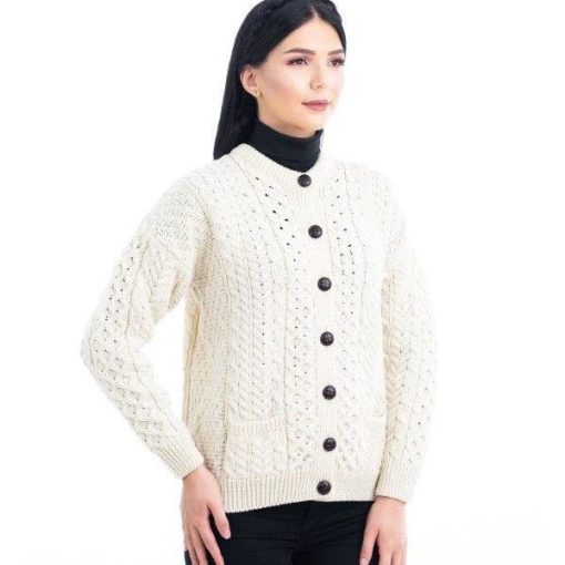 Aran Crafts Traditional Ladies Aran Cardigan Irish Sweater, Natural - Image 2