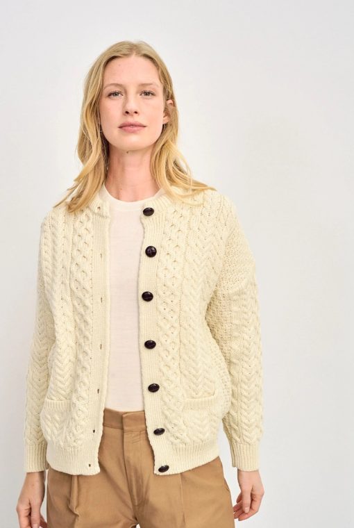 Aran Crafts Traditional Ladies Aran Cardigan Irish Sweater, Natural - Image 3