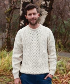 Traditional Irish Crewneck Pullover Aran Sweater, Natural