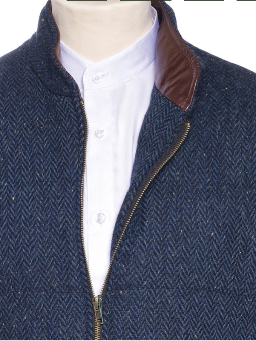 The Balbriggan Body Warmer Blue Tweed Vest With Leather Trim