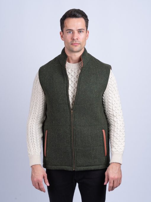 The Balbriggan Body Warmer Green Tweed Vest With Leather Trim - Image 2