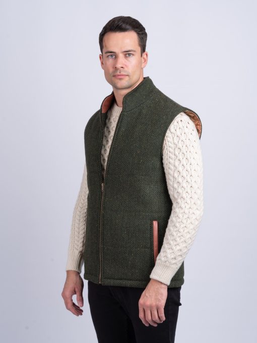 The Balbriggan Body Warmer Green Tweed Vest With Leather Trim - Image 3