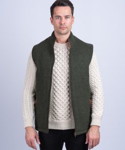 The Balbriggan Body Warmer Green Tweed Vest With Leather Trim