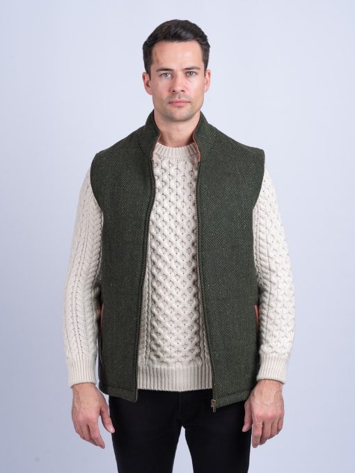 The Balbriggan Body Warmer Green Tweed Vest With Leather Trim