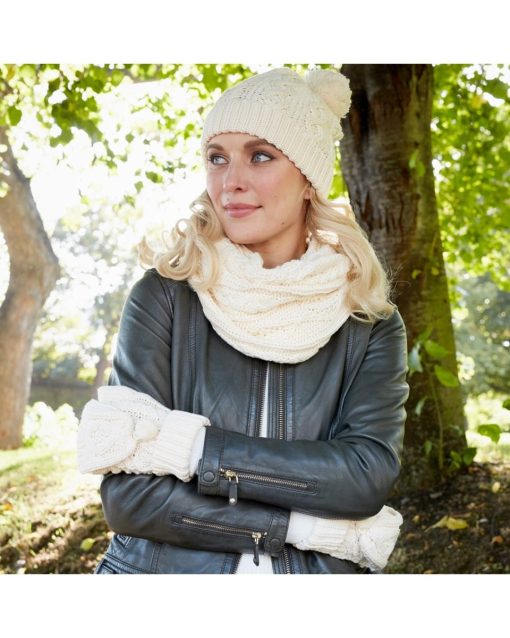 Patrick Francis Aran Knit Pom Pom Hat, Cream - Image 2