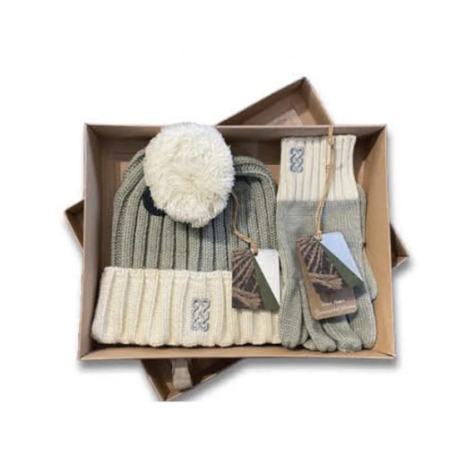 Patrick Francis Sustainable Hat and Glove Gift Set Taupe and Cream Solid Rib Knit- Gift Boxed