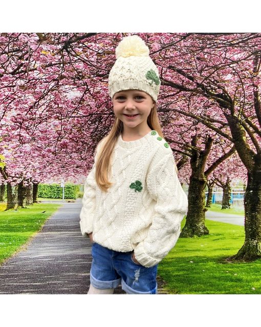 Patrick Francis Aran Knit Shamrock Bobble Hat, Cream - Image 3