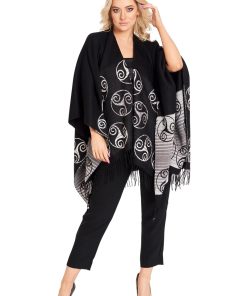 Jimmy Hourihan Fringed Shawl with Triskele Motif, Black/White