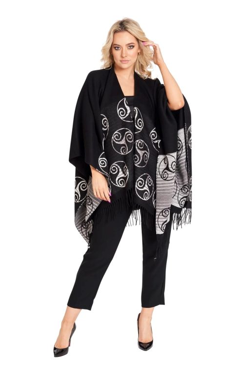 Jimmy Hourihan Fringed Shawl with Triskele Motif, Black/White