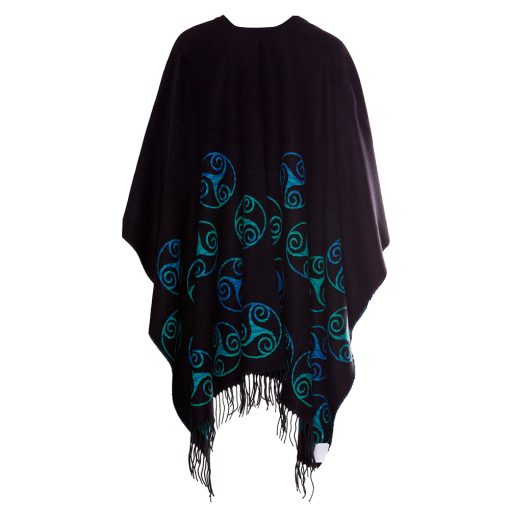 Jimmy Hourihan Fringed Shawl with Triskele Motif, Black/Turquoise