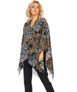 Jimmy Hourihan Fringed Shawl with Celtic Motif, Black/Grey