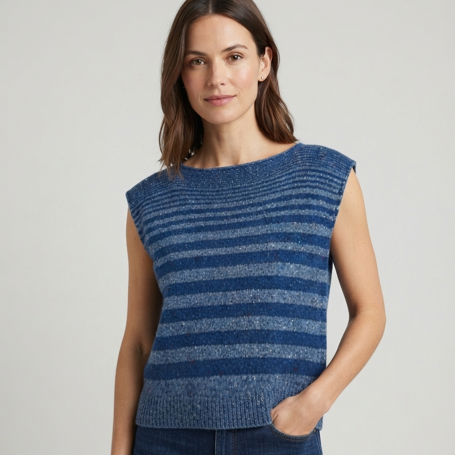 Bill Baber Yarrow Top in Denim Lifestyle Image, modeled