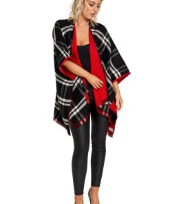 Jimmy Hourihan Reversible Shawl in Plaid with Cuff Detail, Scarlet Red Check
