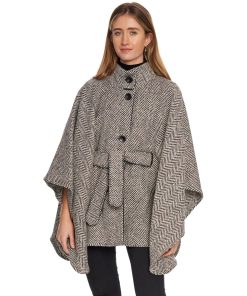 Jimmy Hourihan Cape in Herringbone Tweed with Belt, Black/White
