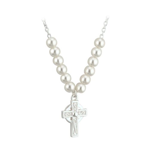 Rhodium Plated Pearl Cross Necklace