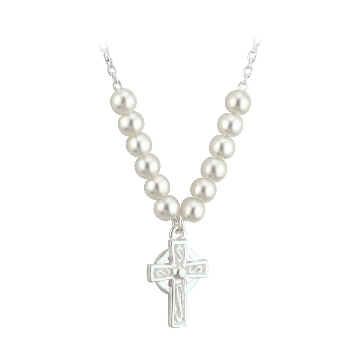 Rhodium Plated Pearl Cross Necklace