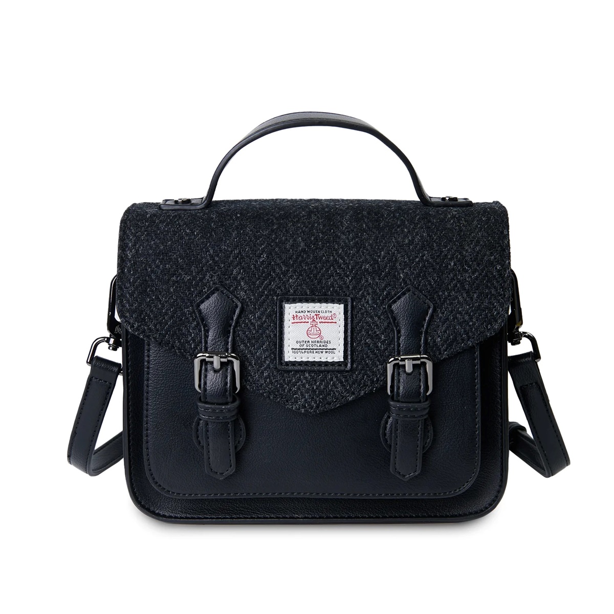 Islander Mini Calton Satchel Bag with HARRIS TWEED - Black Herringbone