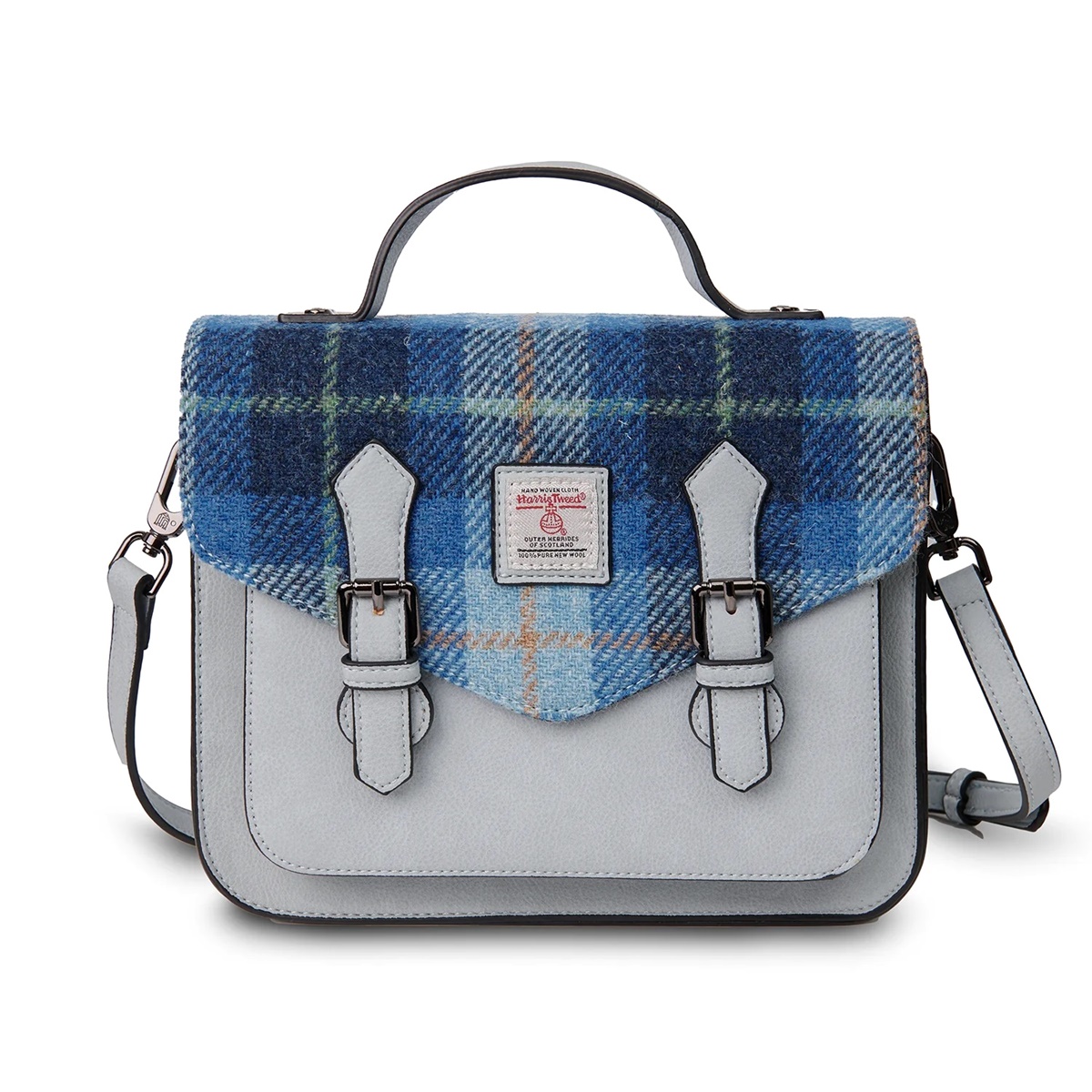 Islander Medium Calton Satchel Bag with HARRIS TWEED - Blue Tartan