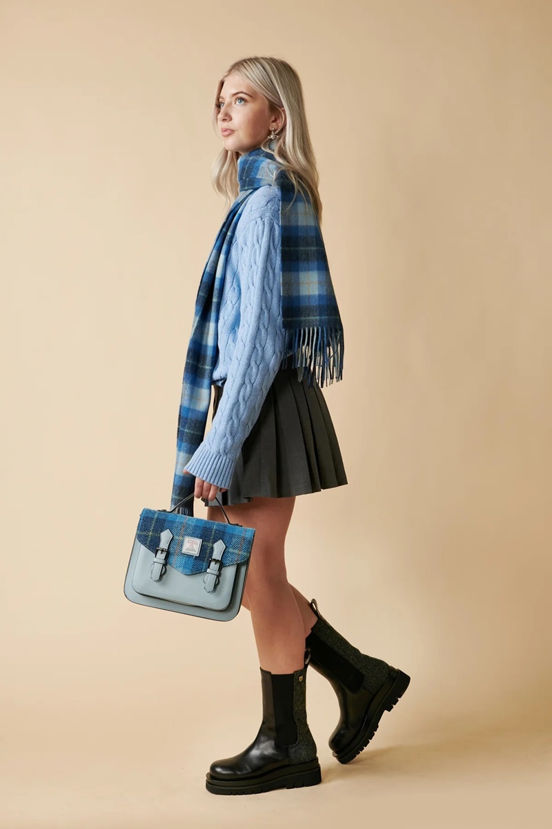 Islander Medium Calton Satchel Bag with HARRIS TWEED - Blue Tartan - Image 4