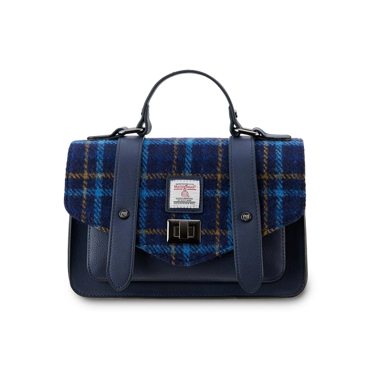 Islander Medium Satchel Bag with HARRIS TWEED - Navy Tartan
