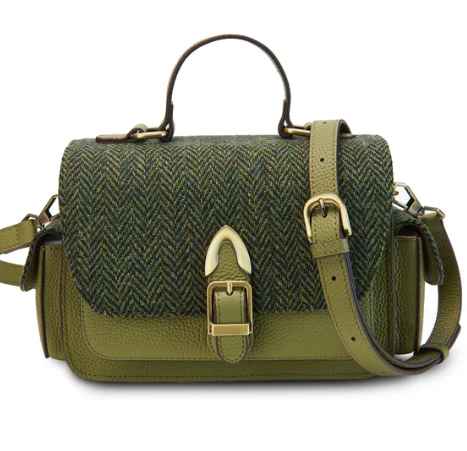 Islander Melrose Crossbody Genuine Leather Purse with HARRIS TWEED - Dark Green Herringbone