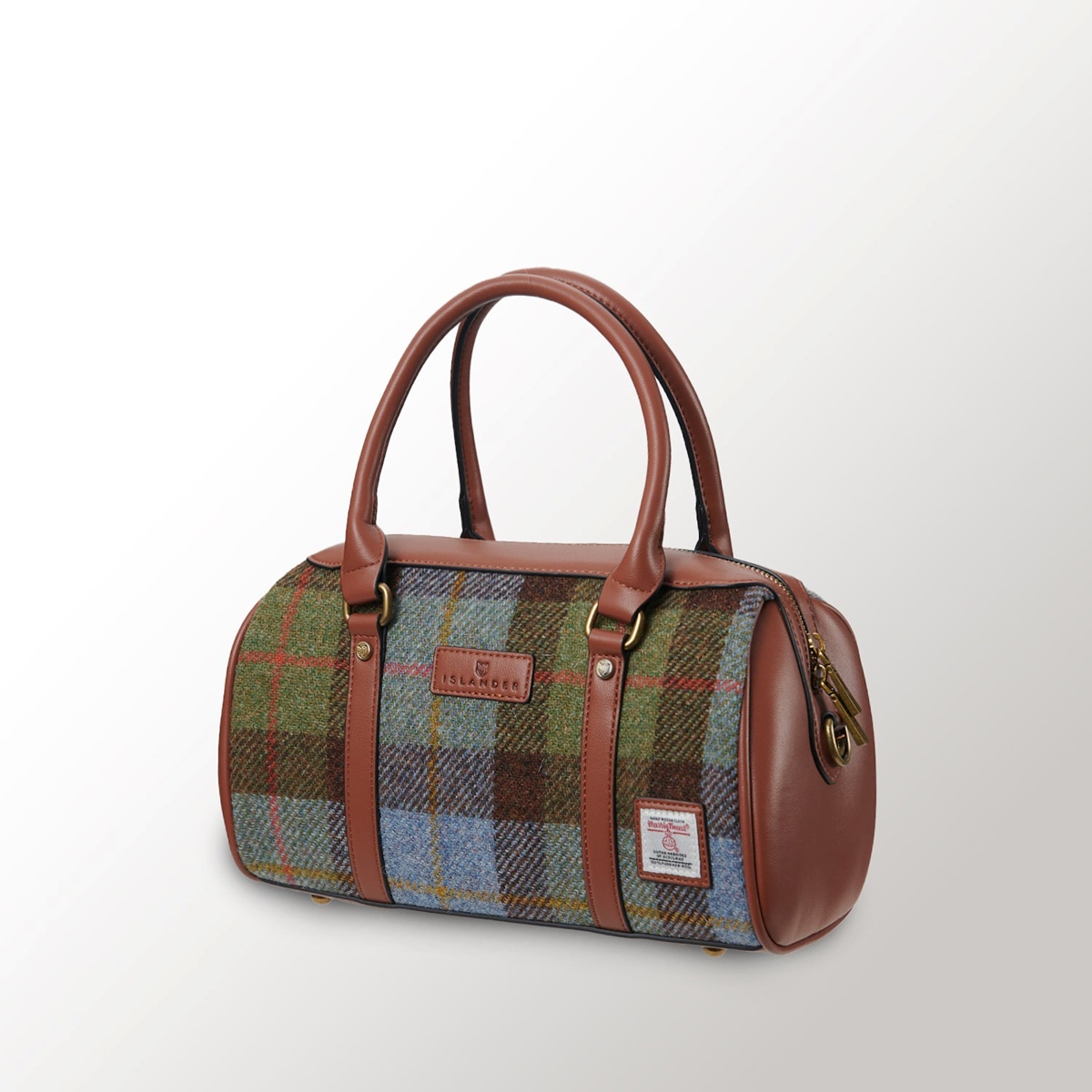 Islander Medium Duffle Bag with HARRIS TWEED - Chestnut and Blue Tartan - Image 2