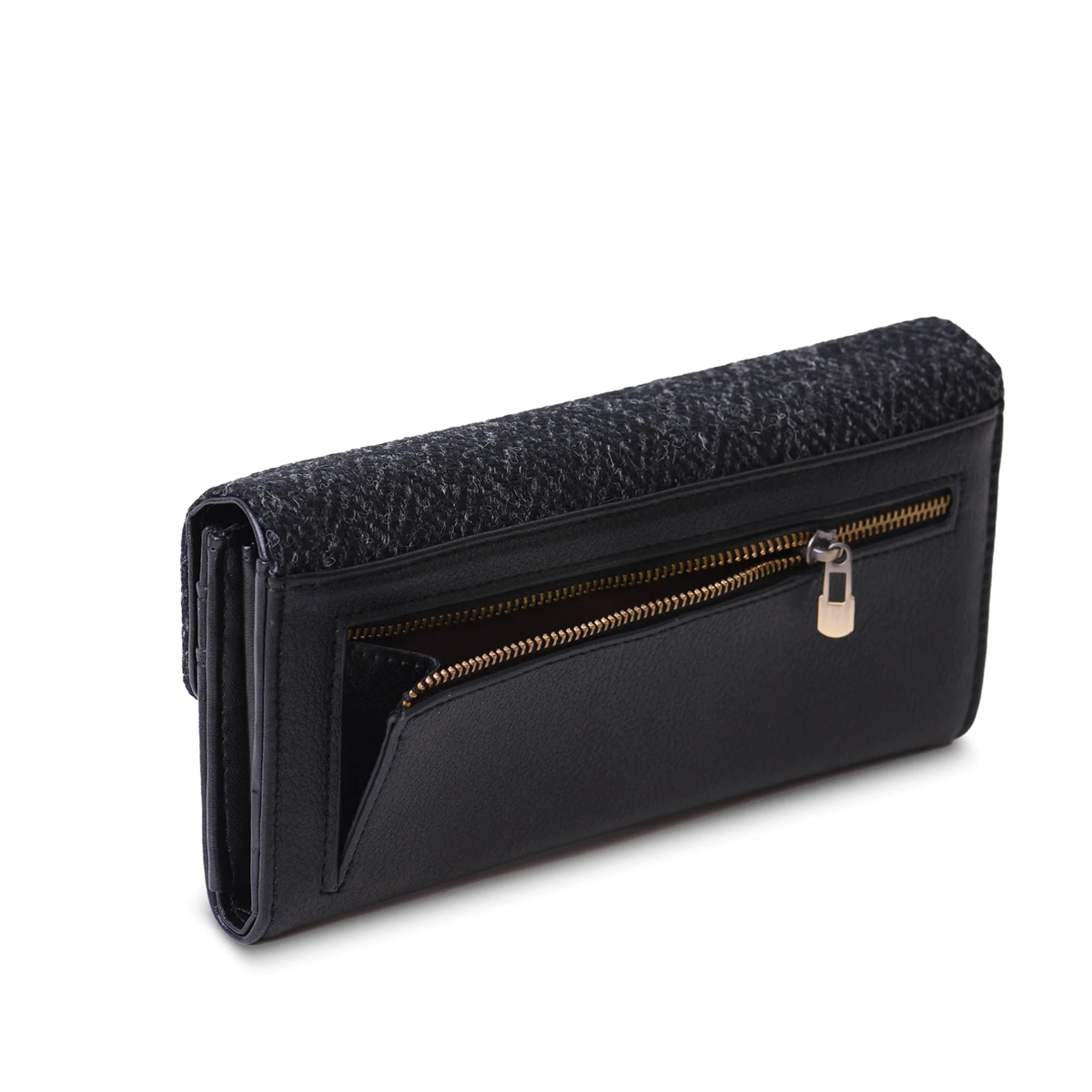 Islander Large Clasp Purse with HARRIS TWEED - Black Herringbone - Image 4