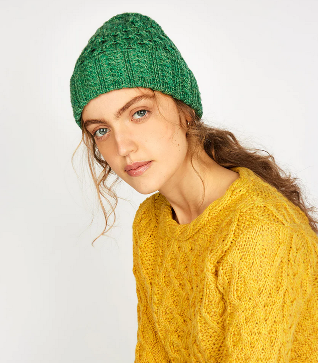 100% Merino Wool Irish Aran Hat, Green Marl - Image 3