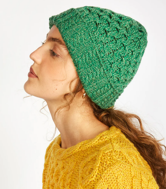 100% Merino Wool Irish Aran Hat, Green Marl