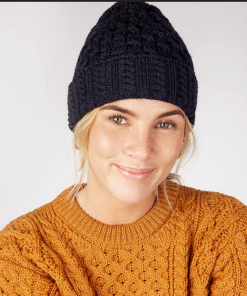 100% Merino Wool Irish Aran Hat, Navy