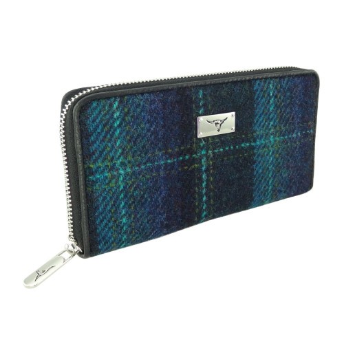 Glen Appin Harris Tweed Staffa Long Zip Purse, Blue with Turquoise Overcheck