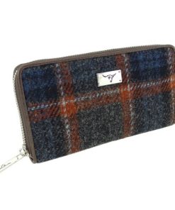 Glen Appin Harris Tweed Staffa Long Zip Purse, Grey with Rust Overcheck